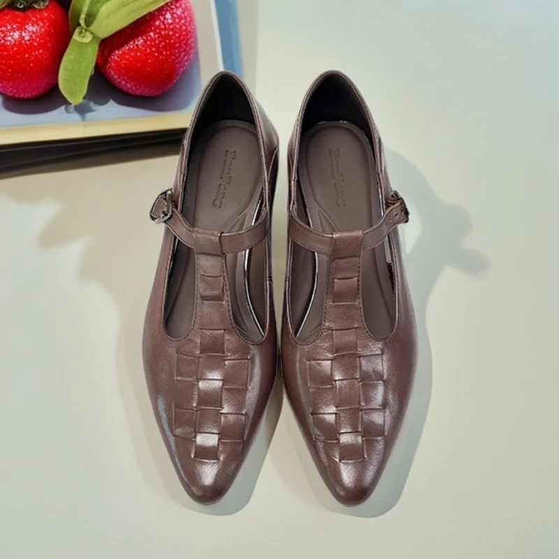 亏本清|34-39|3.0cm|法式复古尖头编织侧空真皮粗跟凉鞋女