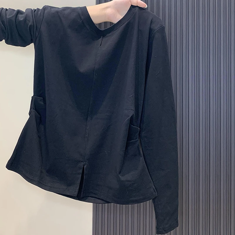 特大码200斤小众韩系圆领长袖t恤女秋季新款不规则下摆遮肚打底衫