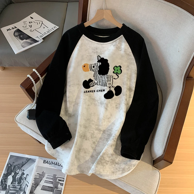 特大码300斤港风学院风加绒卡通中长款卫衣女秋冬百搭遮肉宽松ins