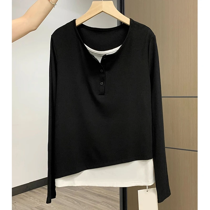 特大码200斤气质简约撞色排扣假两件正肩上衣女秋遮肉百搭长袖t恤