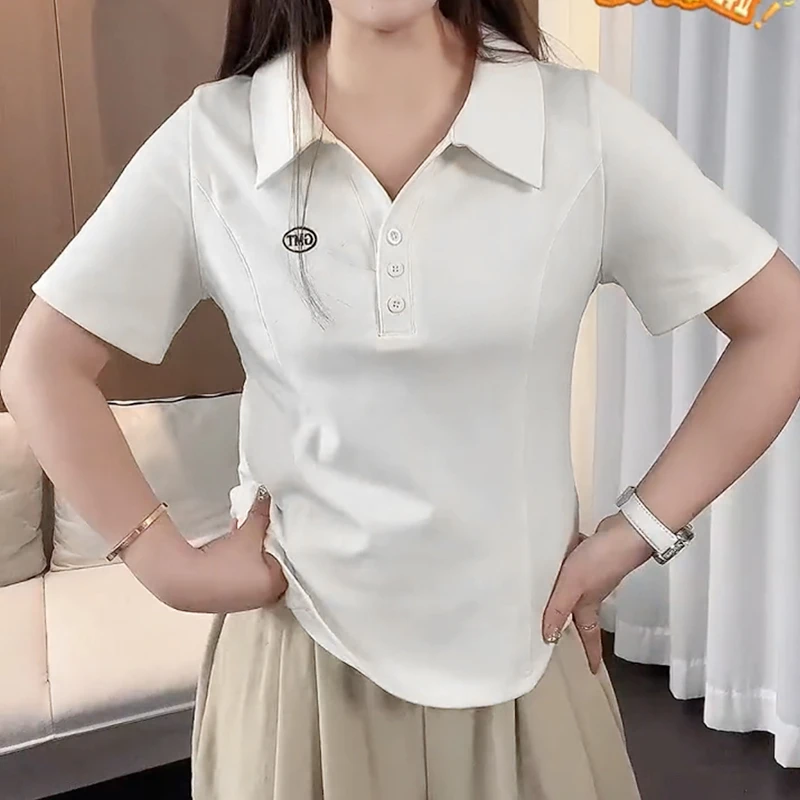 特大码200斤白色洋气鱼骨线设计遮肉短袖t恤女宽松休闲polo领上衣