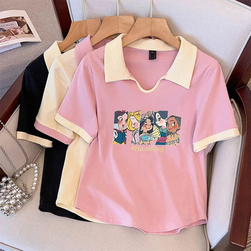 特大码200斤洋气减龄正肩V领短袖t恤女夏季卡通印花显瘦polo衫ins