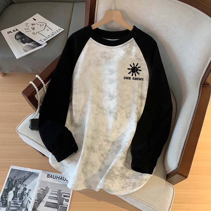 特大码300斤简约小众拼色设计感宽松休闲扎染中长款加绒卫衣女ins