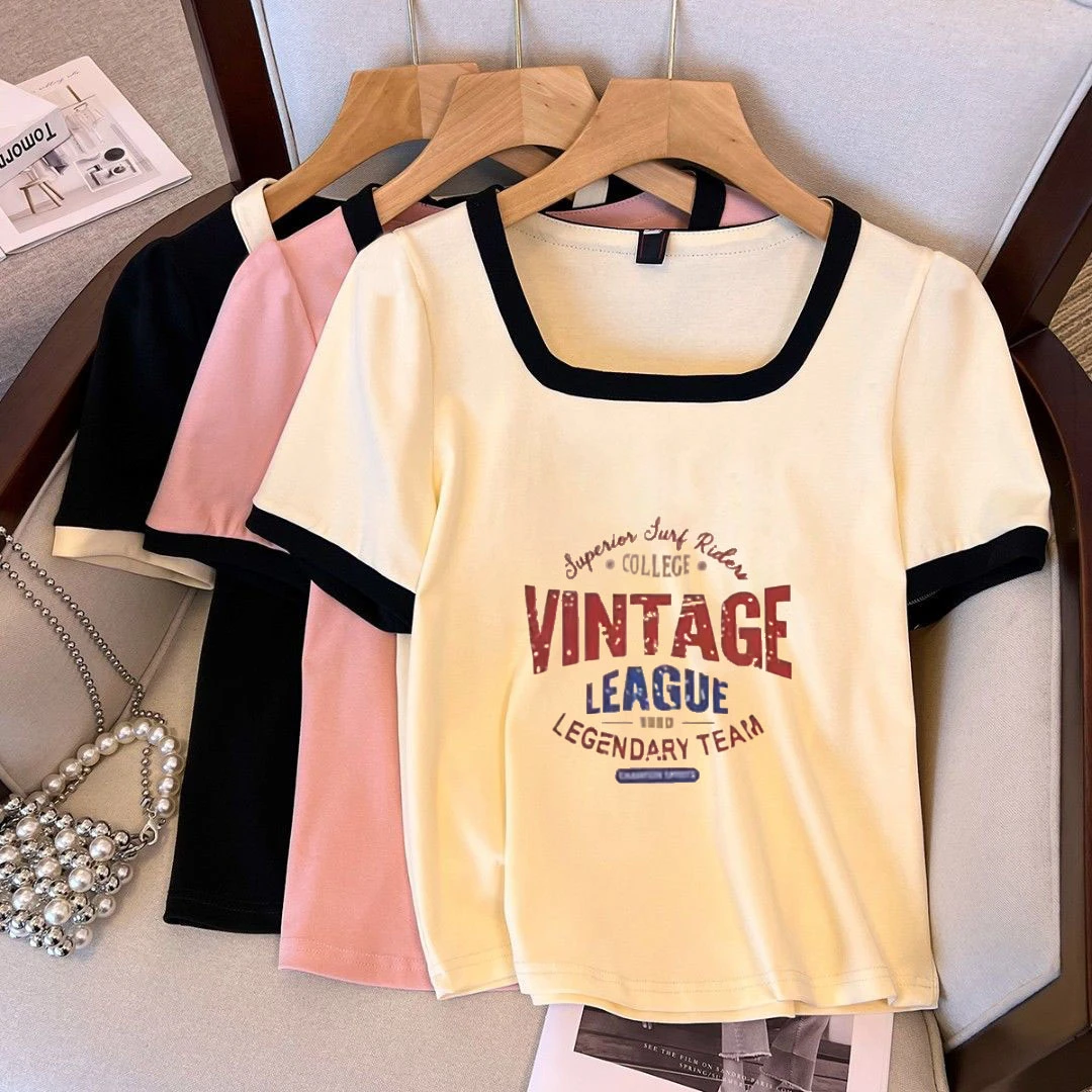 特大码200斤简约洋气字母印花方领撞色显瘦短袖t恤女正肩遮肉上衣