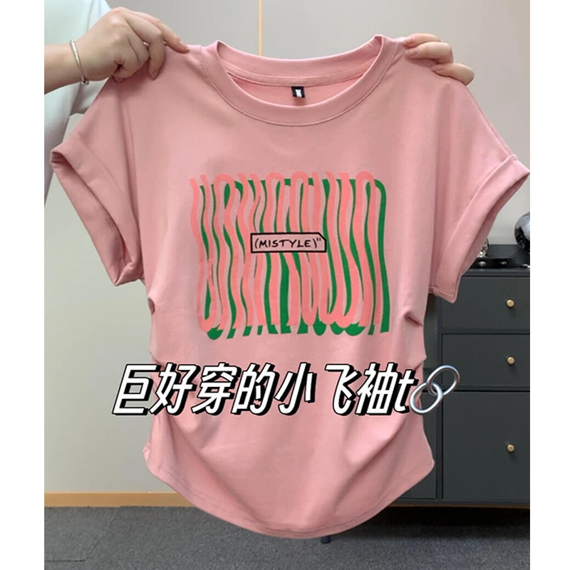 特大码200斤日系chic港风小众圆领飞袖设计遮肉短袖t恤女夏季新款