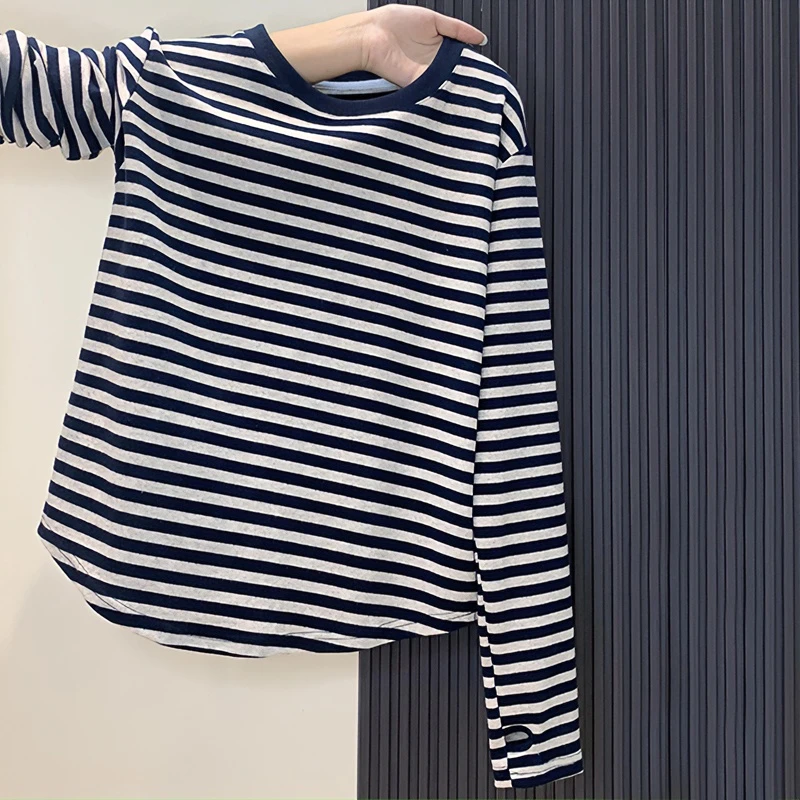 特大码200斤撞色洋气圆领长袖t恤女百搭慵懒风2025年春秋新款上衣