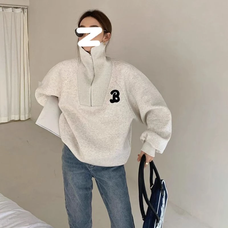 特大码245斤青春慵懒风宽松休闲百搭半拉链翻领加绒卫衣女ins秋冬