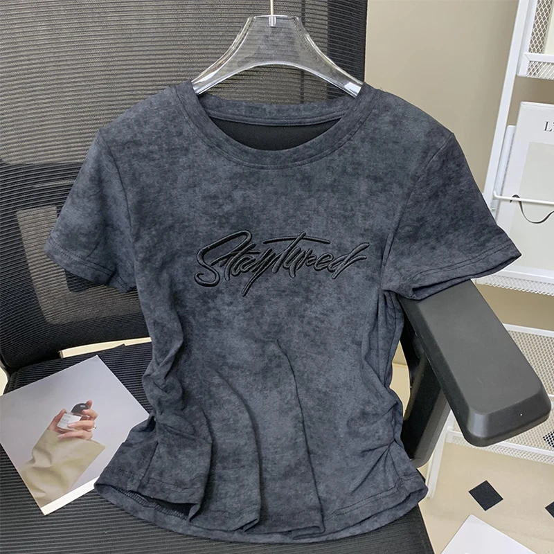 特大码200斤美式小众独特扎染设计感短袖t恤女夏季不规则收腰上衣