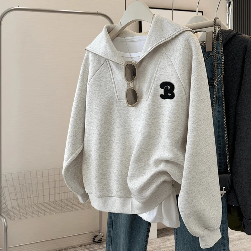 特大码245斤文艺风青春潮流半拉链宽松立领卫衣女秋加绒休闲上衣