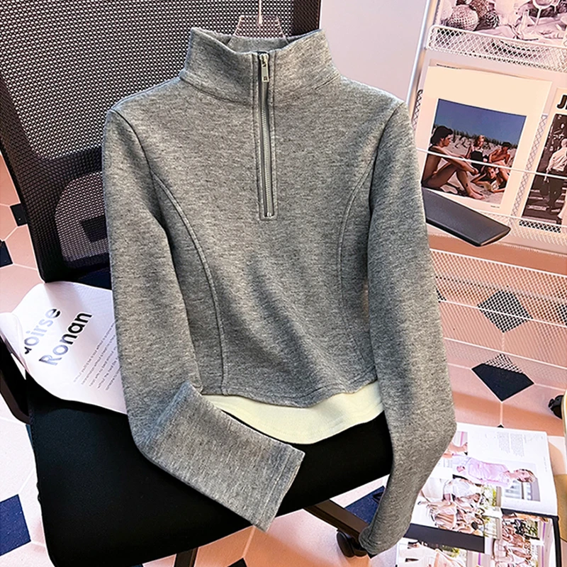 特大码200斤美式学院风半高领立领百搭长袖假两件上衣女遮肉秋季