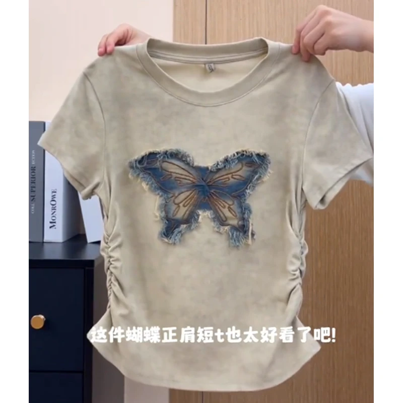 特大码200斤原创复古小众蝴蝶贴布绣设计感遮肉百搭短袖t恤女减龄