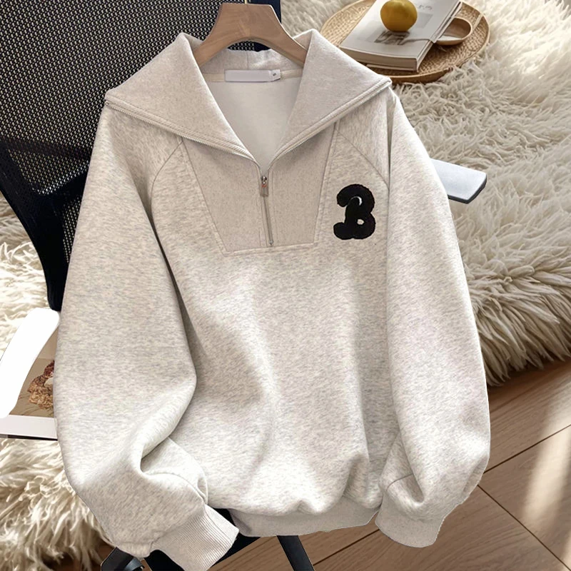 特大码200斤个性原创潮流宽松休闲半拉链翻领加绒卫衣女冬ins新款