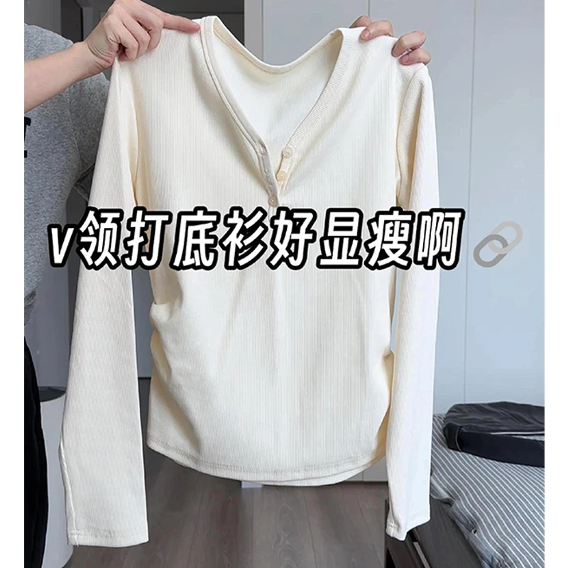特大码200斤简约时尚chic气质V领正肩收腰长袖t恤女秋季百搭上衣