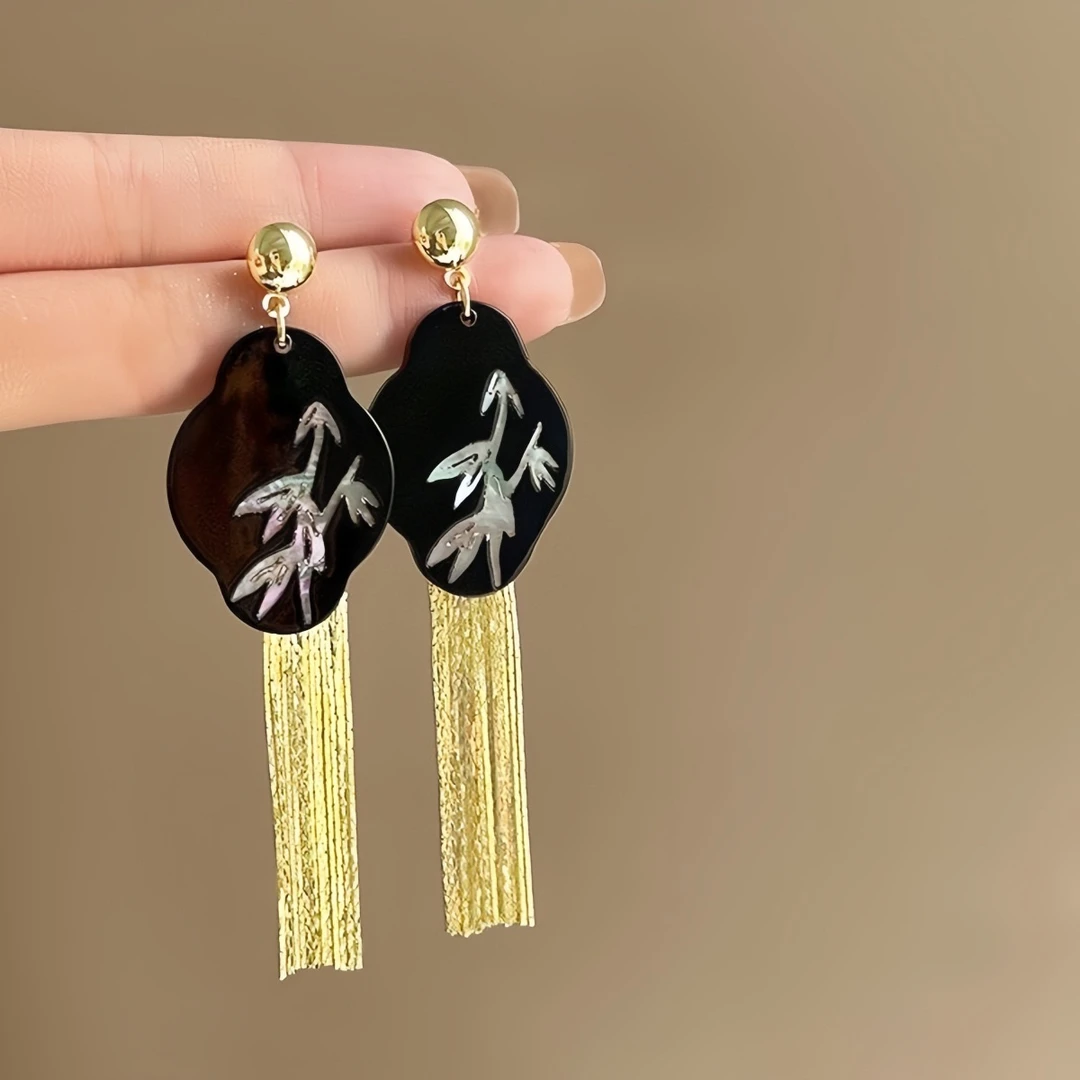 铜合金耳饰 新中式金属流苏耳环女小众高级感复古气质黑色耳饰