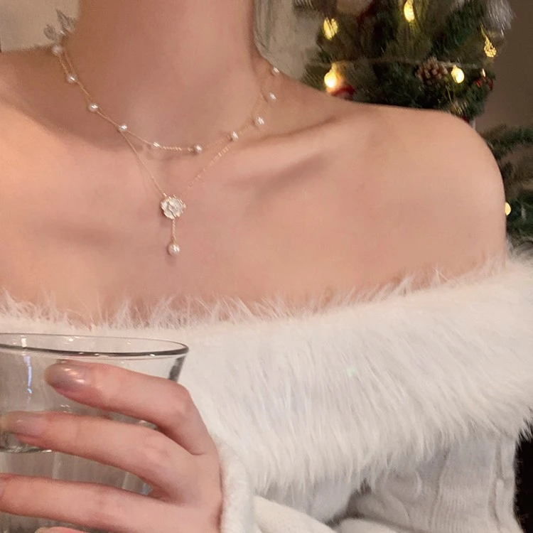 铜合金仿珍珠项链 珍珠流苏双层项链女山茶花锁骨链轻奢小众颈链