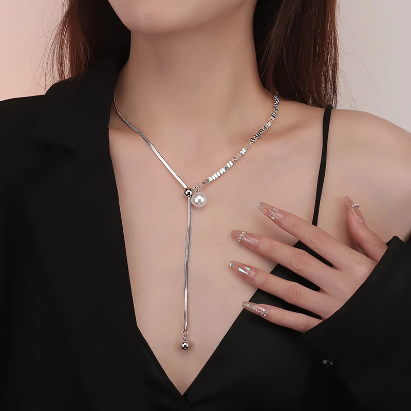 铜合金项链 抽拉式碎银仿珍珠项链女轻奢小众设计感锁骨链爆款