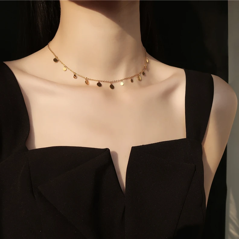 钛钢项链 choker小圆牌颈链钛钢不褪色锁骨链叠戴项链女颈链