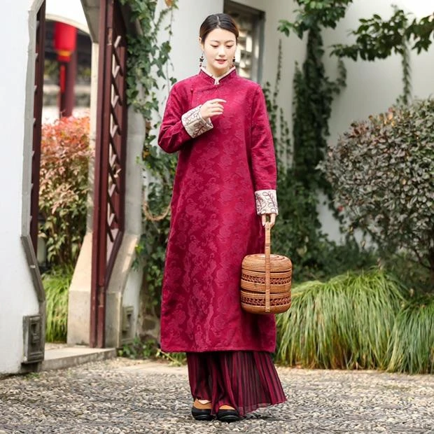 21212秋季新款提花斜襟棉麻连衣裙新中式复古风改良中长款连衣裙