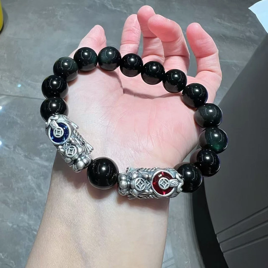 足银手链 旺莱 879 黑曜招财双貔貅男士手串L89873906 凤选