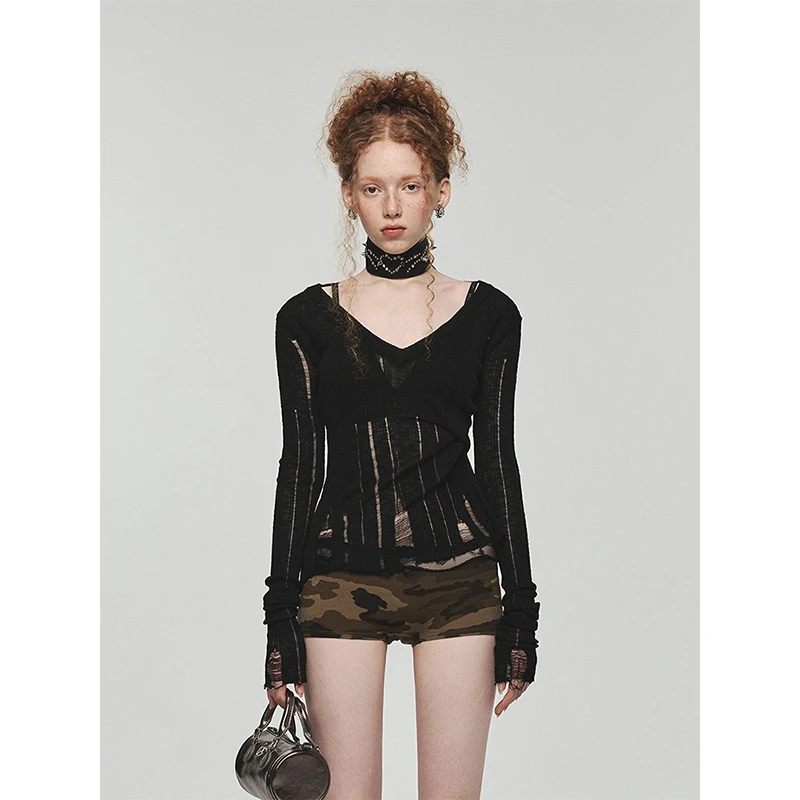 【秋季新款Vol 4.3】1JINN STUDIO针织V领破洞罩衫23S217