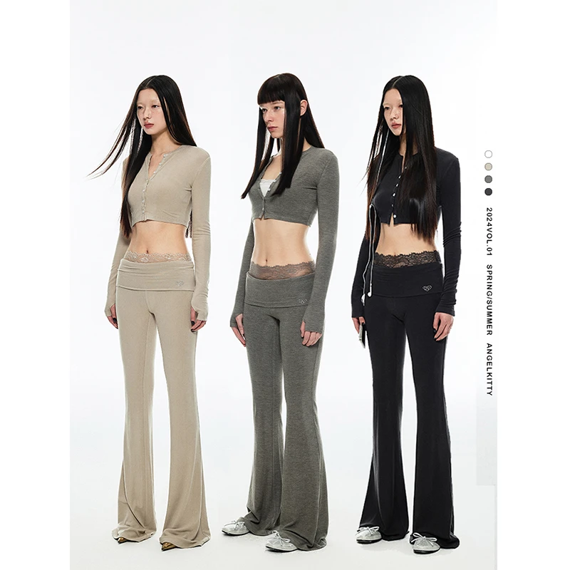 【佳佳】1JINN STUDIO 圆领小开衫蕾丝花边喇叭裤套装