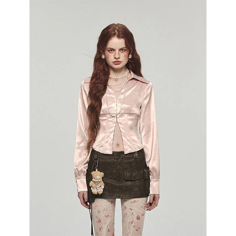 【迪迪Swag专属】1JINN STUDIO 肌理设计感鱼骨缎面质感短款衬衫