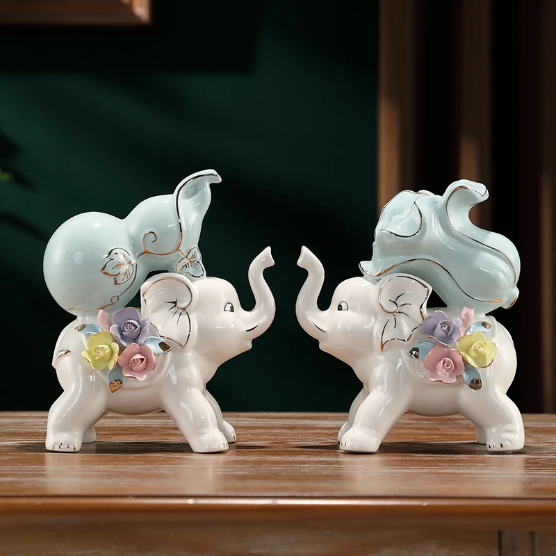 陶瓷大象一对摆件欧式创意福禄百财大象家居工艺品礼品玄关装饰品
