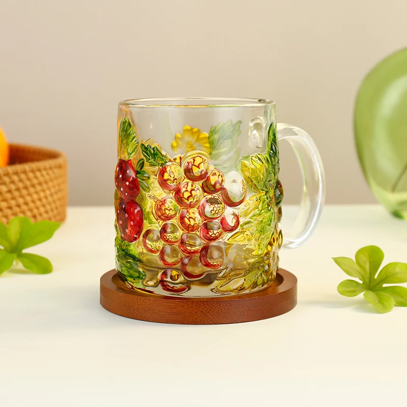 浮雕彩绘果汁杯家用加厚耐热玻璃水杯 ins风轻奢带把手水晶玻璃杯