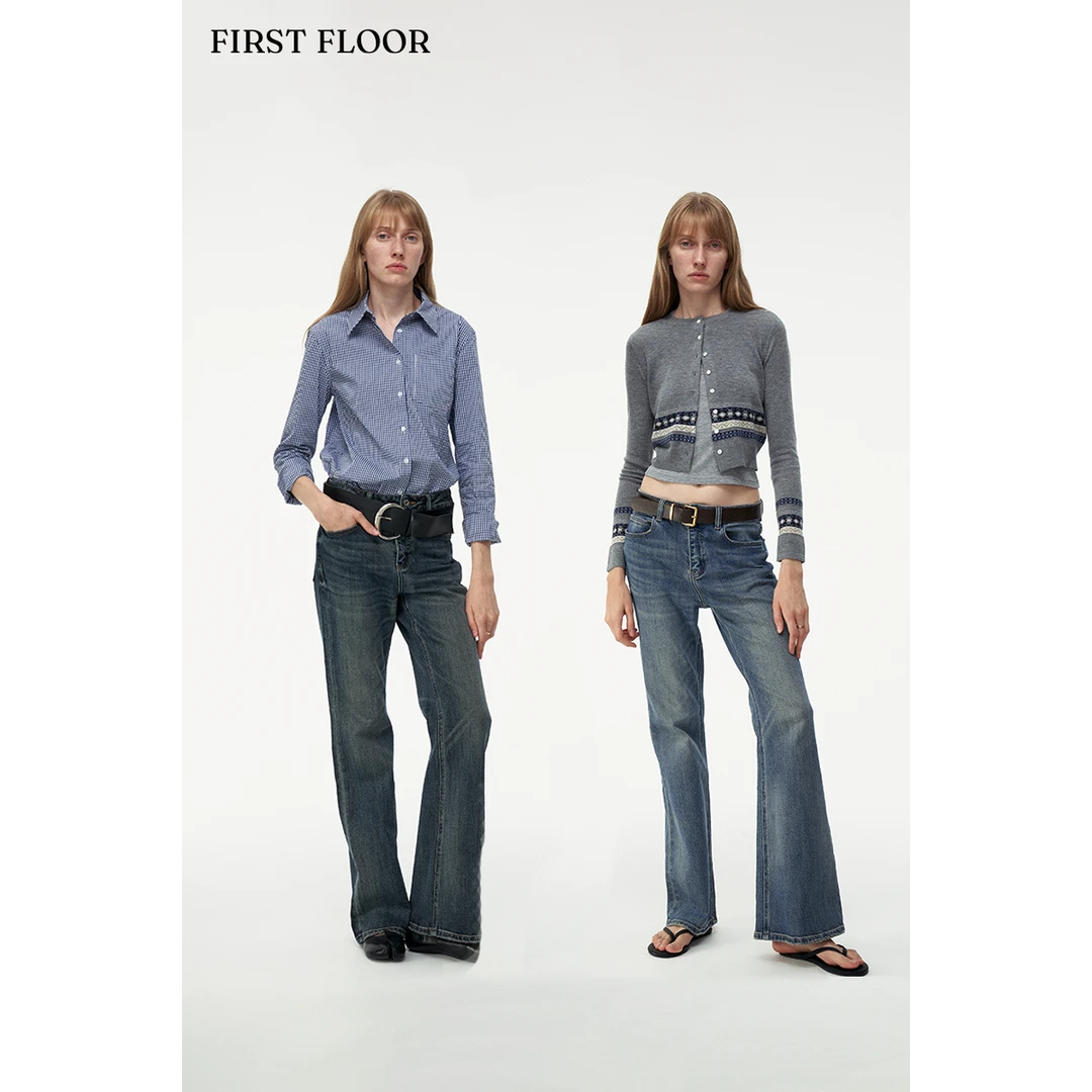 FIRSTFLOOR经典天然长绒棉做旧水洗微弹面料复古中腰微喇牛仔裤