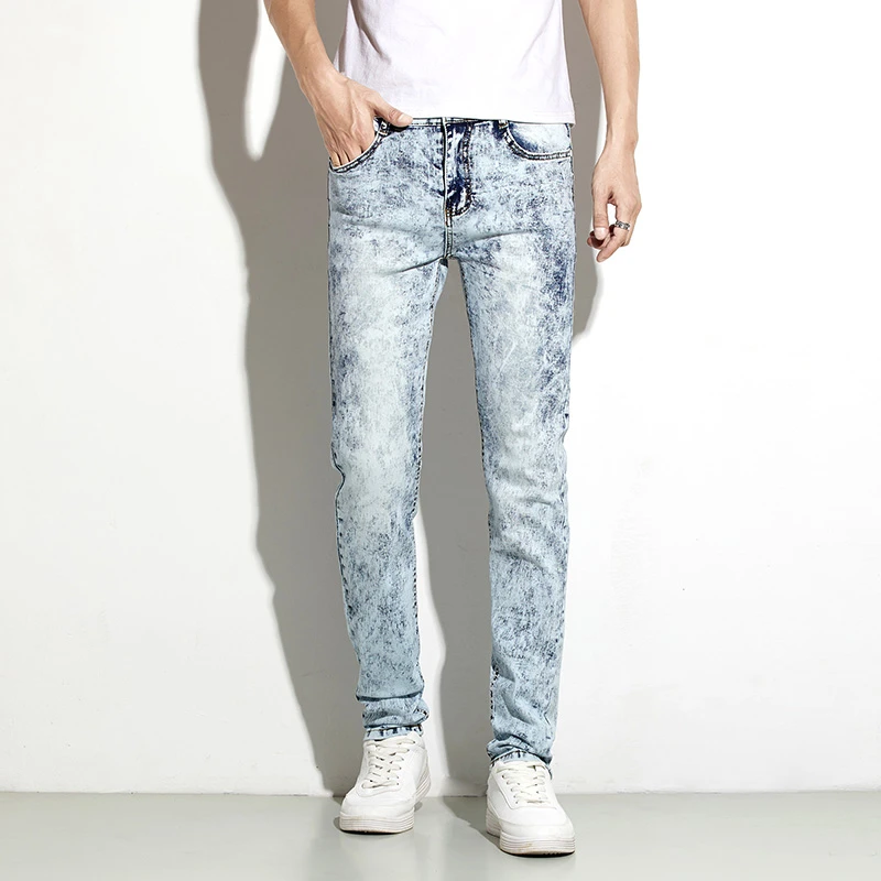 812#男士牛仔裤男弹力雪花修身百搭潮韩版休闲小脚直筒长裤四季款