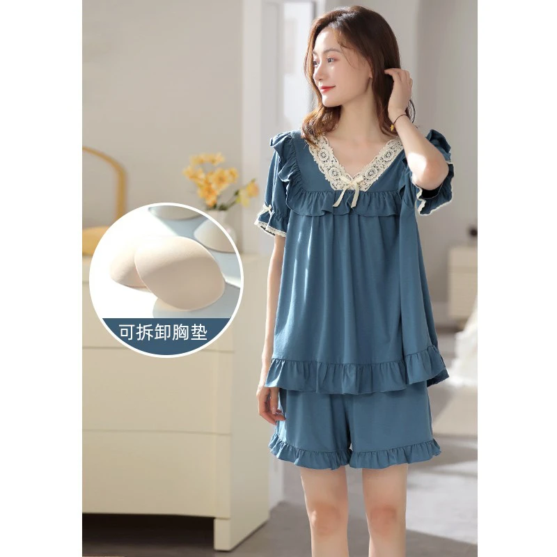 带胸垫睡衣女夏季女款爆款2025新款纯棉短袖薄款两件套大码家居服