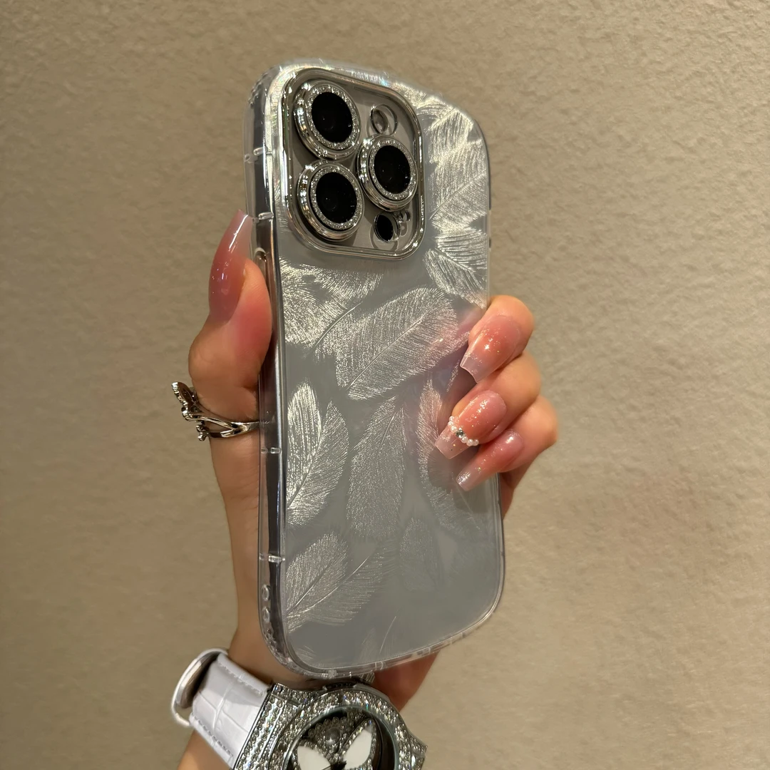 新款羽纱羽毛适用于苹果15promax四角圆弧防摔手机壳14轻奢13全包