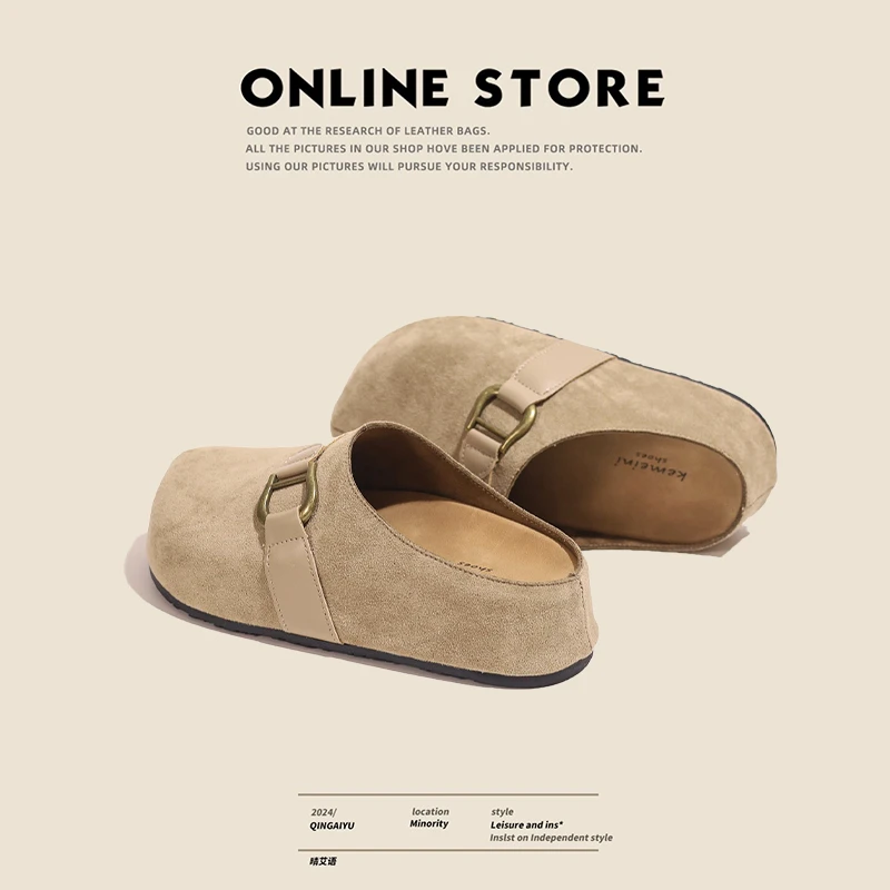 厚底增高勃肯鞋女外穿包头半拖鞋2025新款秋冬季雪地靴毛毛棉拖鞋