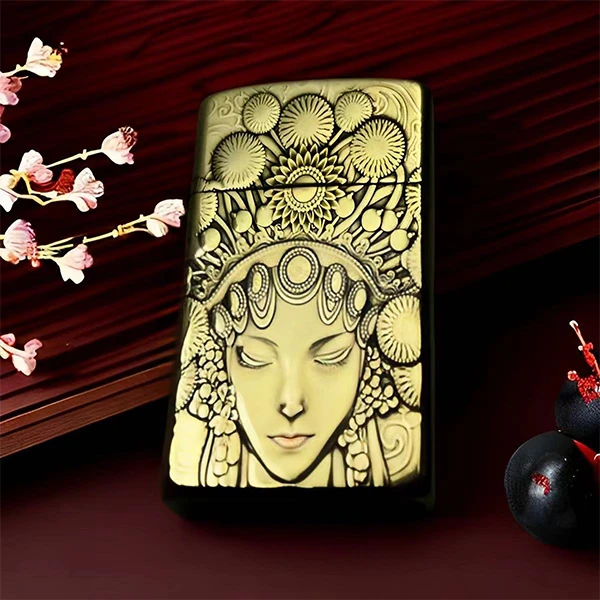 国粹花旦909黄铜窄机打火机，整机黄铜，重约55克，3D凹凸立体浮雕