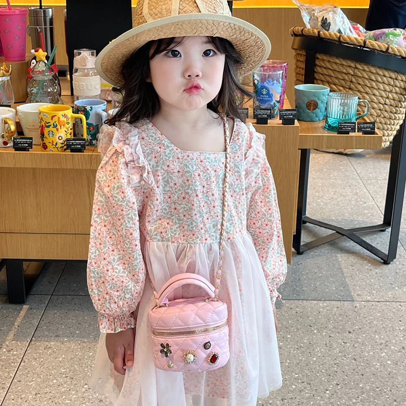 2024新款欧美镶钻迷你pu水桶包小香风菱格链条单肩口红包少女包包
