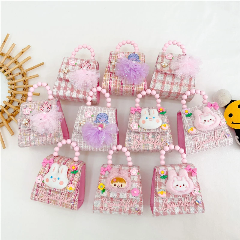 女童斜挎包2023新款女孩珍珠手提包链条小方包卡通可爱儿童包包