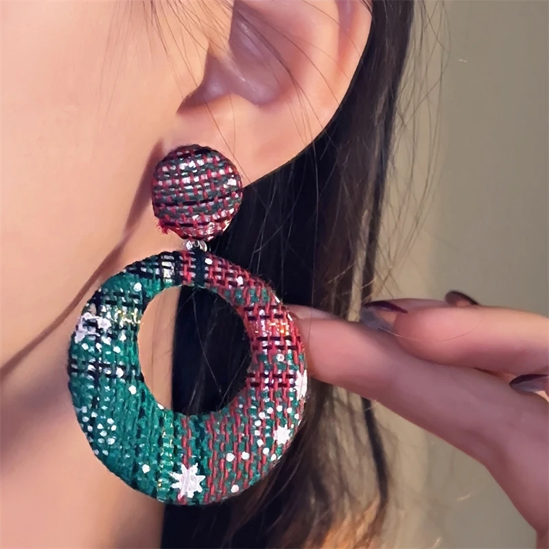 非金属布艺耳饰 E0333-1欧美圣诞系列耳环个性格子布艺耳饰氛围感