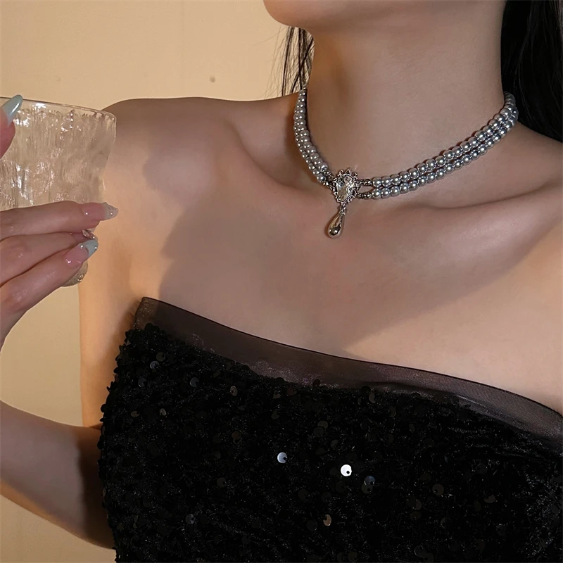 合金亚克力项链 X4524-1欧美风在逃公主灰色双层串珠水滴choker