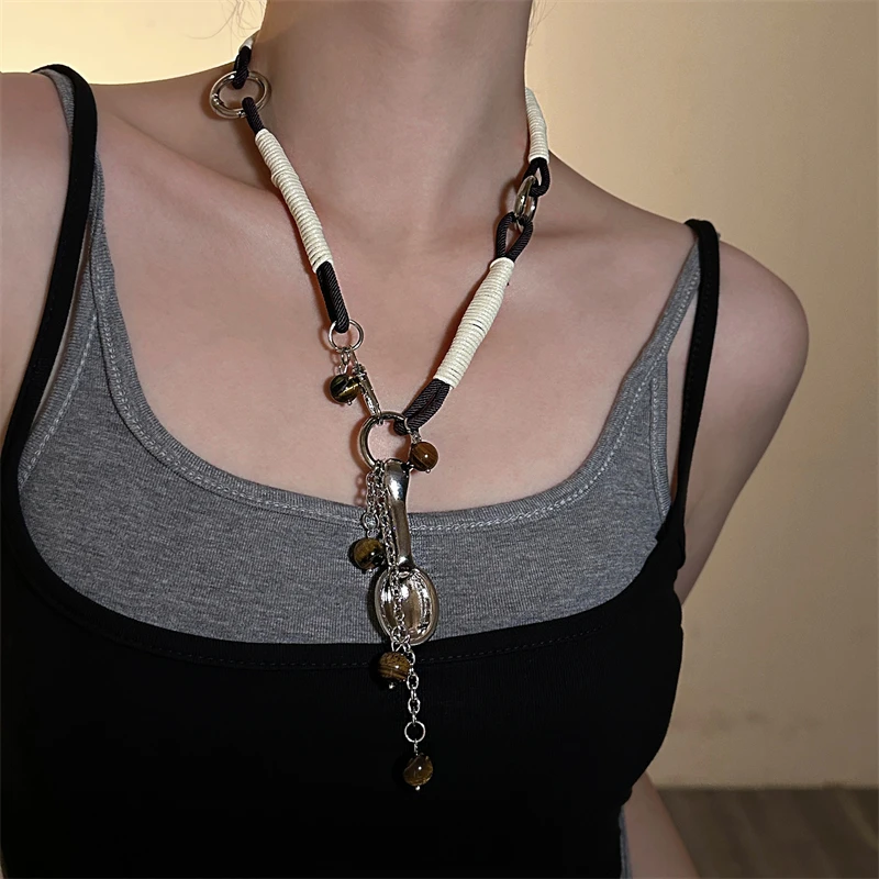 非金属布艺项链 X4825-1秋冬季慵懒风咖色棉绳编织汤匙流苏项链女