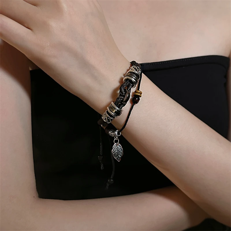 合金皮质手链 S0568-1复古民族风树叶图腾抽拉绳手链双层皮质手饰