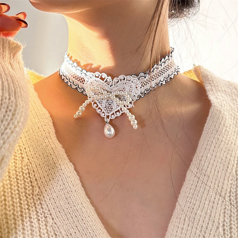 非金属布艺项链 X4948-1法式复古性感优雅蕾丝爱心choker颈链时尚