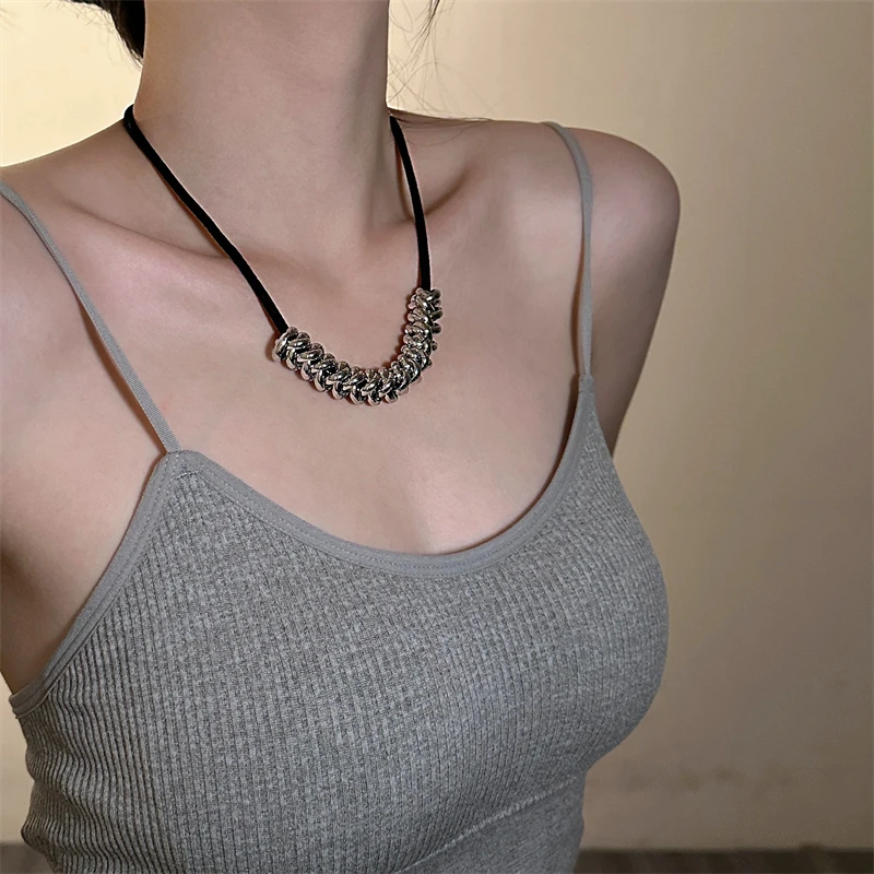 合金皮质项链 X4584-1欧美朋克风夸张几何金属串项链小众个性配饰