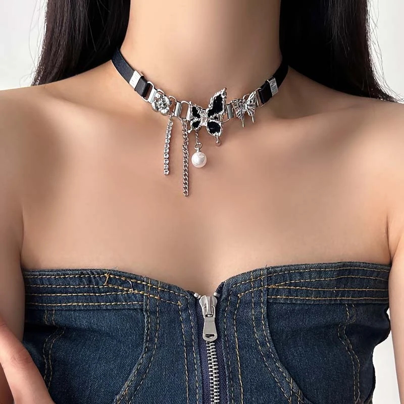 合金皮质项链 X1931-1蝴蝶皮革时尚高级感百搭项圈女小众气质颈链