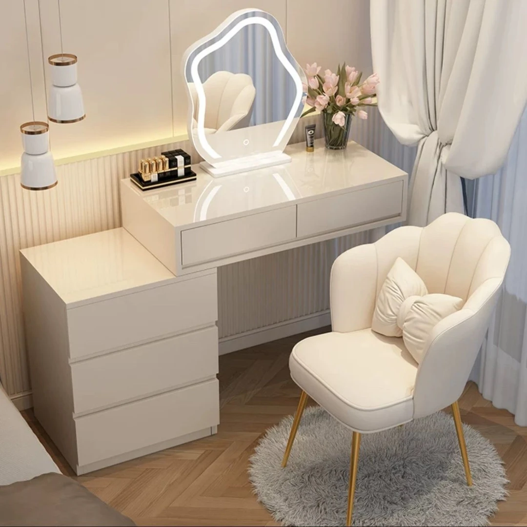 新疆包邮奶油风梳妆台现代简约收纳柜床头柜化妆台一体书桌伸缩化