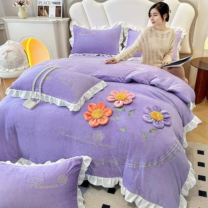 【锦上添花】暖冬韩版高克重牛奶绒加绒立体花重工刺绣四件套