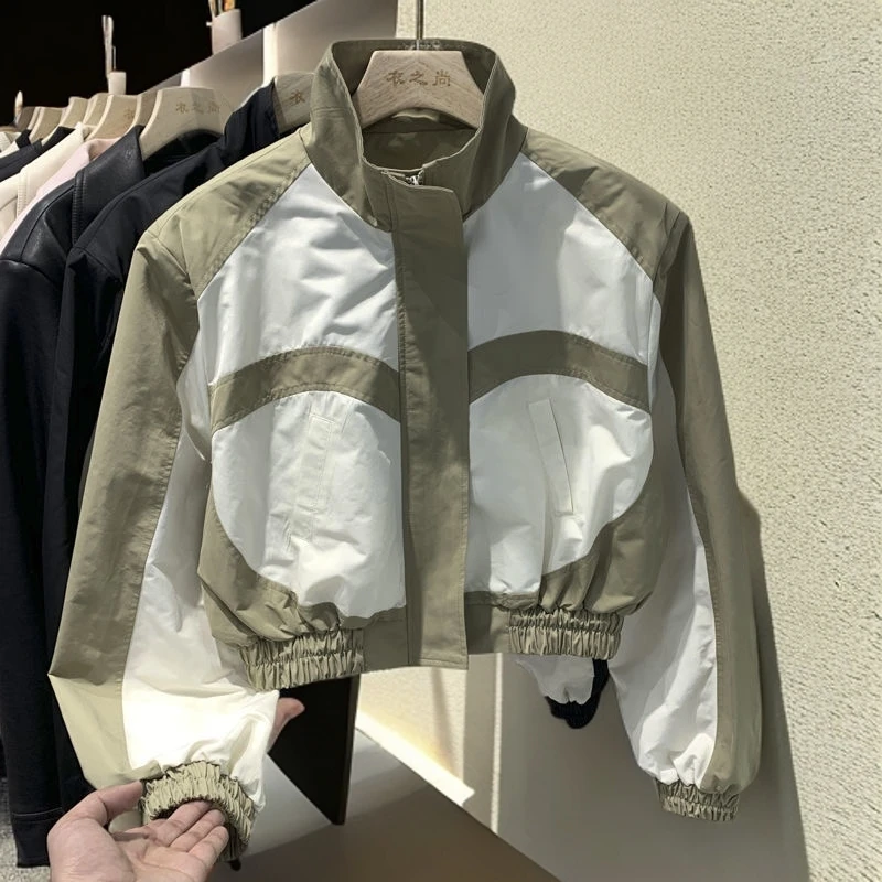 立领拼色外套女黑白时尚拼接设计韩系感宽松休闲内搭夹克白色t恤