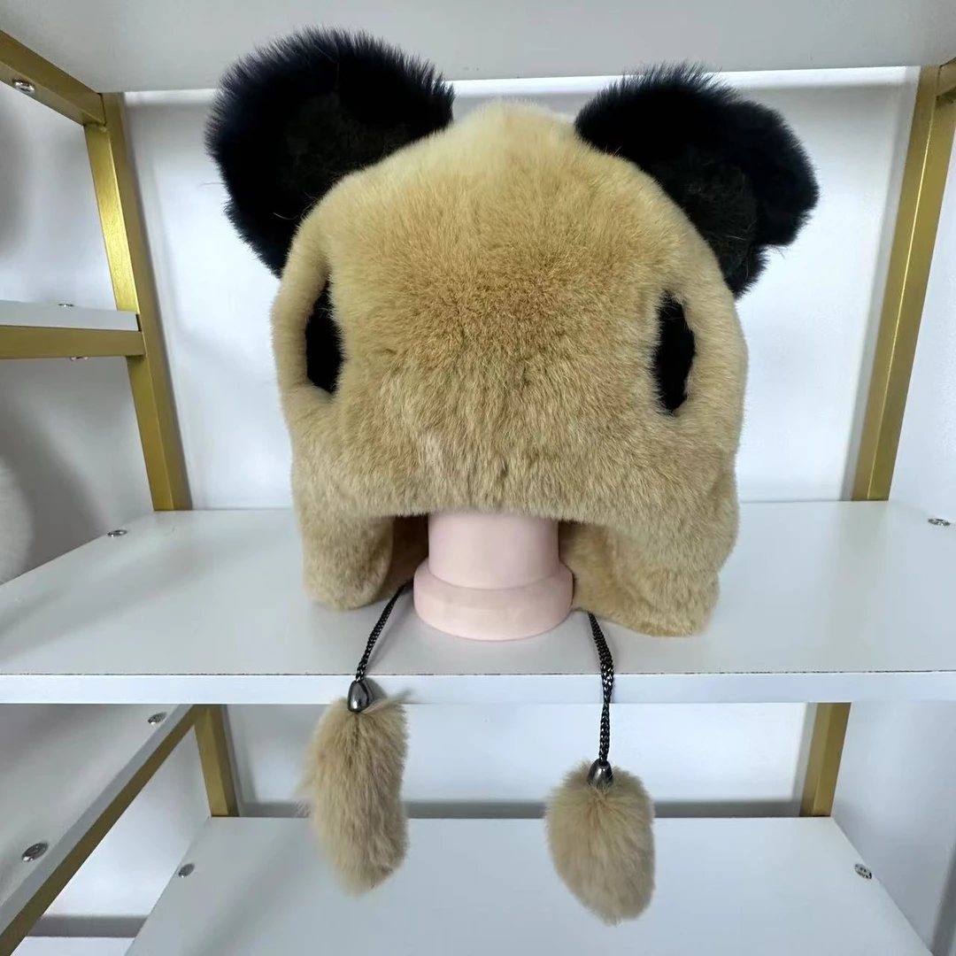 冬季獭兔毛皮草熊猫帽真皮可爱亲子卡通毛茸保暖防风防寒儿童帽子
