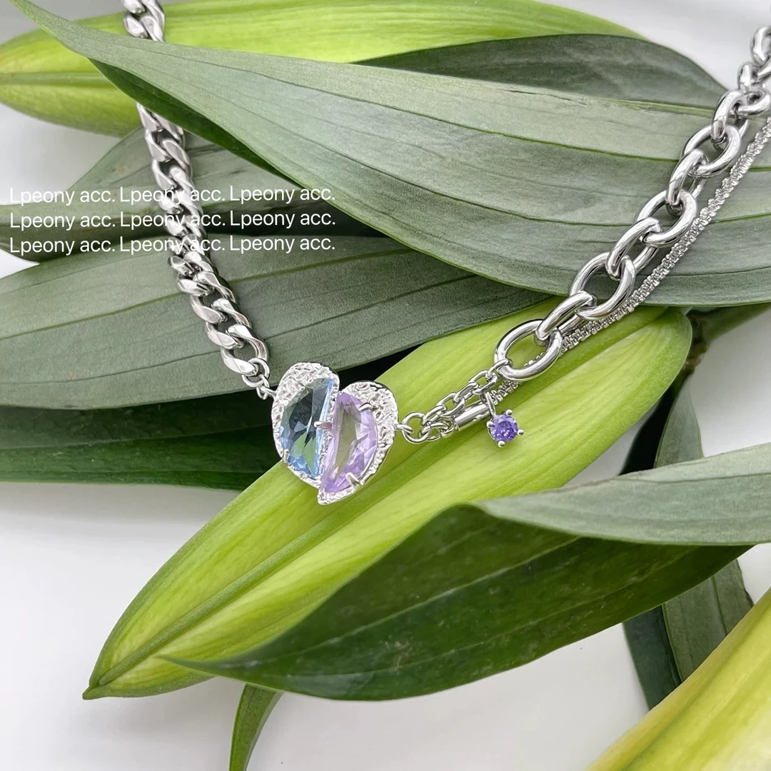 铜仿水晶项链 Lpeony轻奢爱心拼接撞色水晶金属项链嘻哈