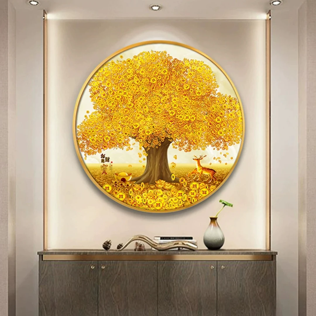 云朵CR-004中式招财进宝玄关走廊装饰画客厅黄金满地圆形挂画JL
