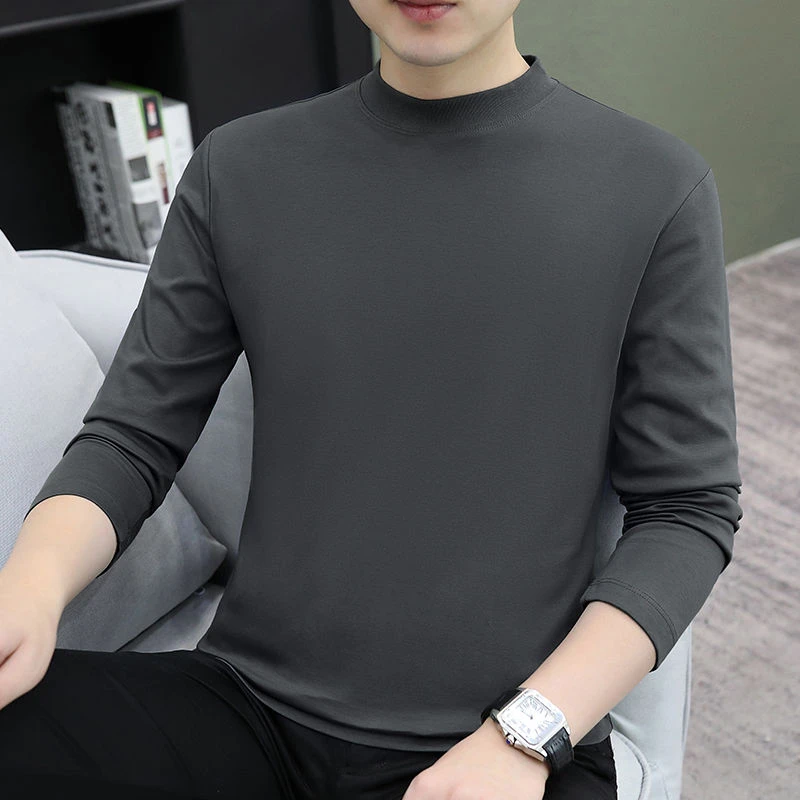 秋冬款长袖秋冬打底上衣男士休闲纯色百搭T恤小立领简约男装秋衣